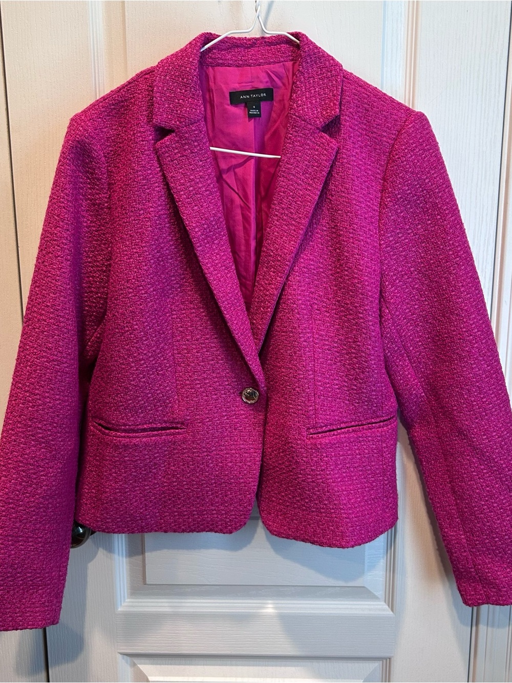 Ann Taylor Magenta Pink Textured Tweed Blazer Jacket Size 6 Single Button Lined